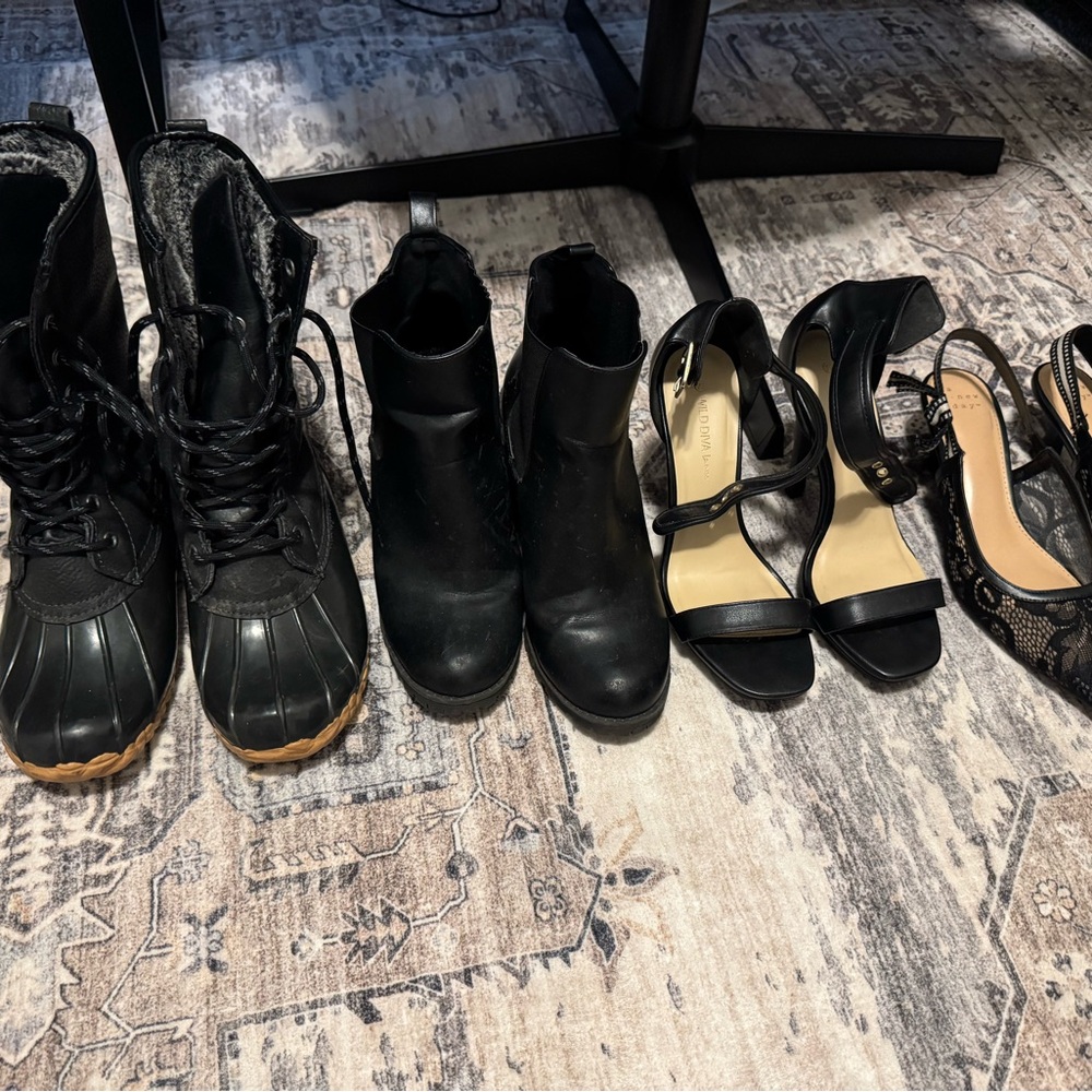 L.L. Bean Black Winter Boots, Forever 21 Stilettos, Target Lace Heels